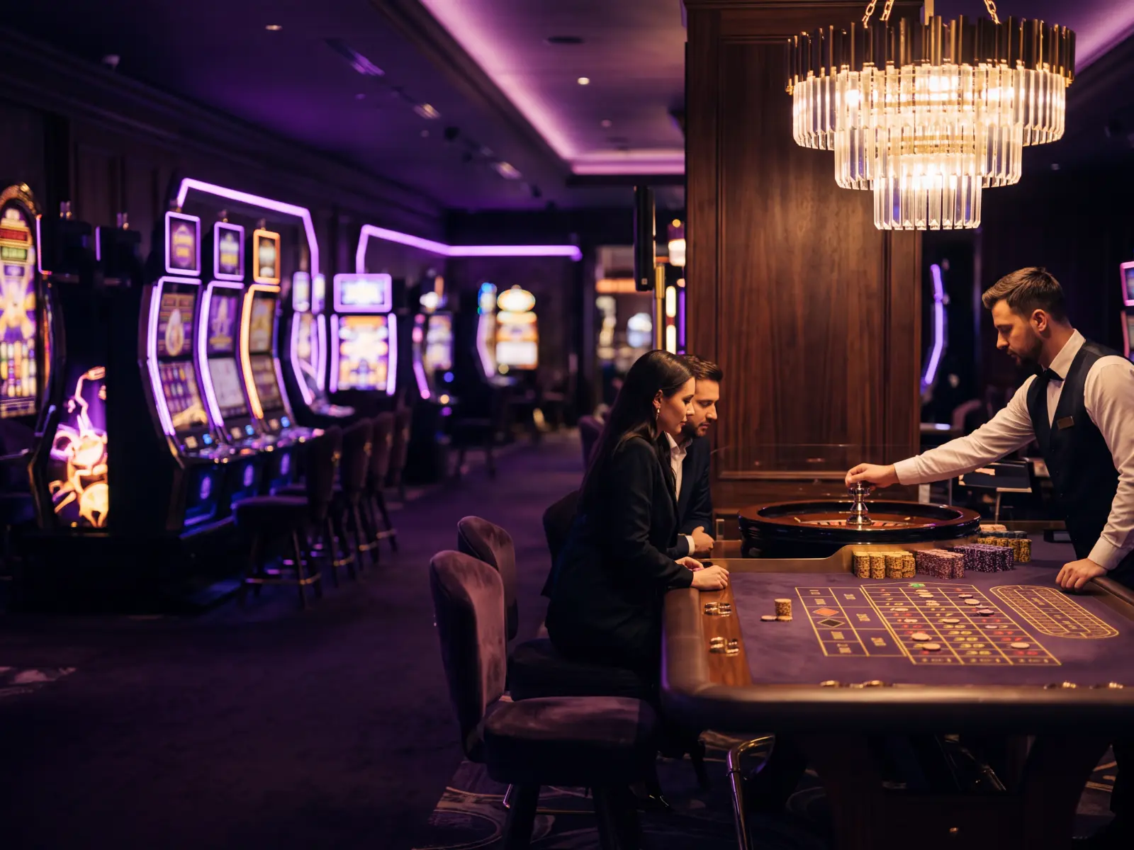 Automaty i stół ruletki w fioletowym świetle Realz Casino