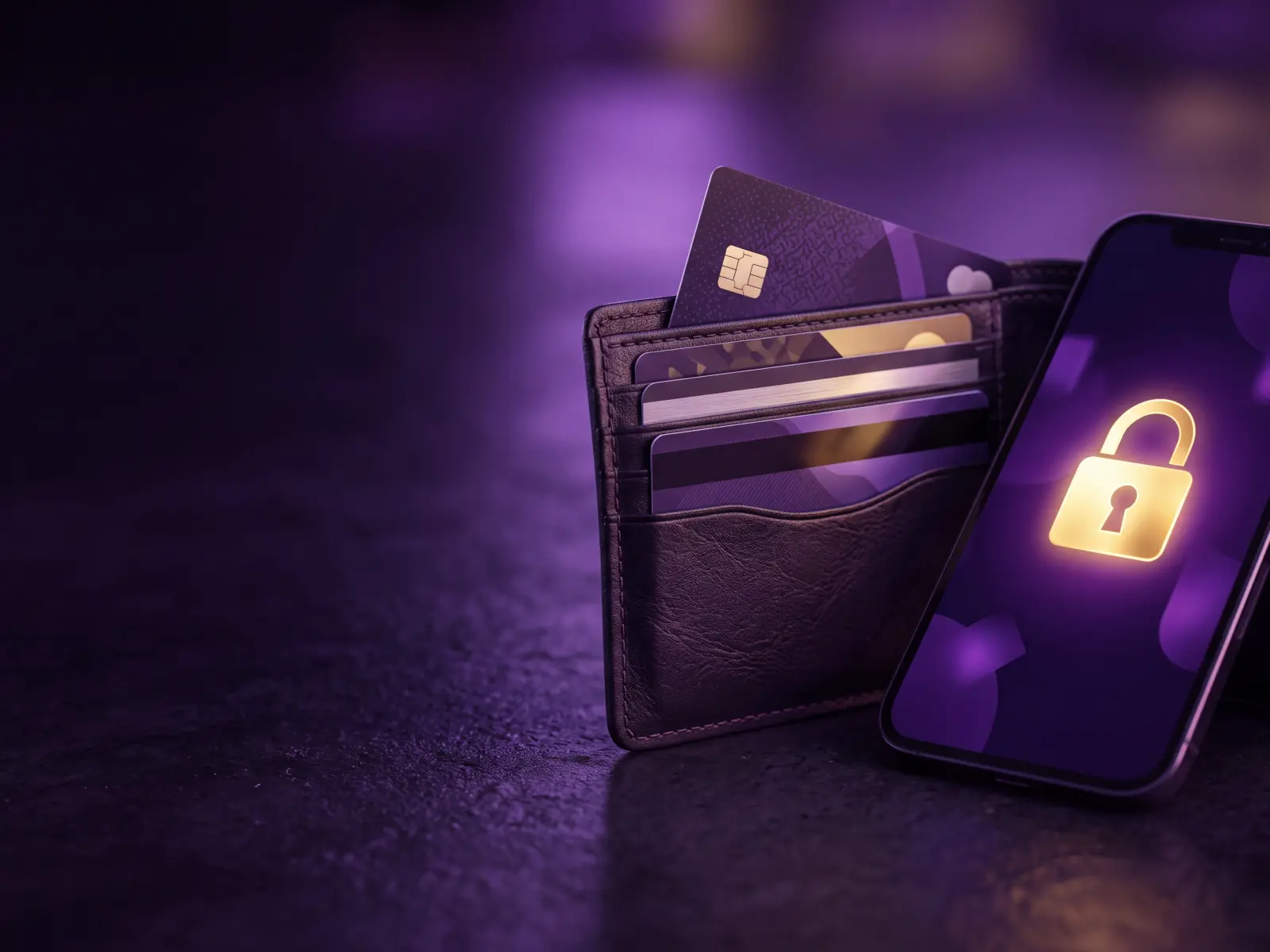 Portfel z kartami i smartfon z kłódką, płatności Realz Casino